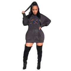 Casual Solid Color Embroidered Letter Bat Sleeve Hooded Dress