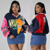 Women's Casual Fashion Stitching Contrast Color Letter Printing Loose V-neck Sweatshirt