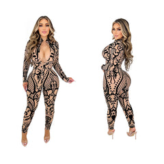 Sexy Geometric Positioning Printed Long-sleeved Trousers Jumpsuit