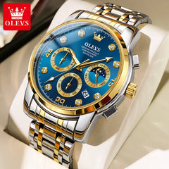 OLEVS Multifunction Quartz Watch for Men Stainless Steel Waterproof Luminous Chronograph Moon Phase Date Watch Relogio Masculino