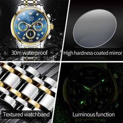OLEVS Multifunction Quartz Watch for Men Stainless Steel Waterproof Luminous Chronograph Moon Phase Date Watch Relogio Masculino
