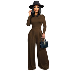 Fashion Solid Color Long-sleeved Wide-leg Jumpsuit