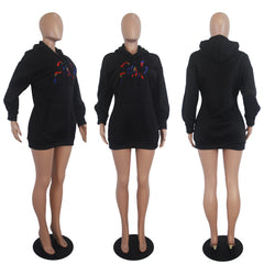 Casual Solid Color Embroidered Letter Bat Sleeve Hooded Dress