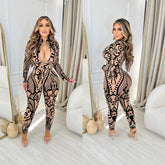 Sexy Geometric Positioning Printed Long-sleeved Trousers Jumpsuit