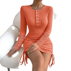New Women's Round Neck Open Tube Lace Long-sleeved Dress