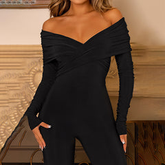 Women's Sexy Fashion Solid Color And V-neck Chest Cross Long Sleeves Jumpsuit
