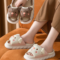 Piggy Cute Couple Open Toe Linen Cotton Linen Slippers