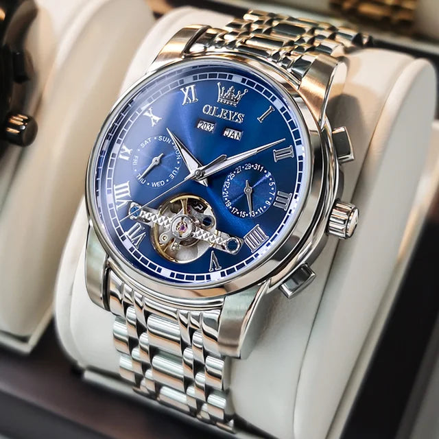 OLEVS 6607 Fashion Men's Business Wrist Watch Skeleton Tourbillon Stainless Steel Mechanical Reloj Waterproof Automatic Watch