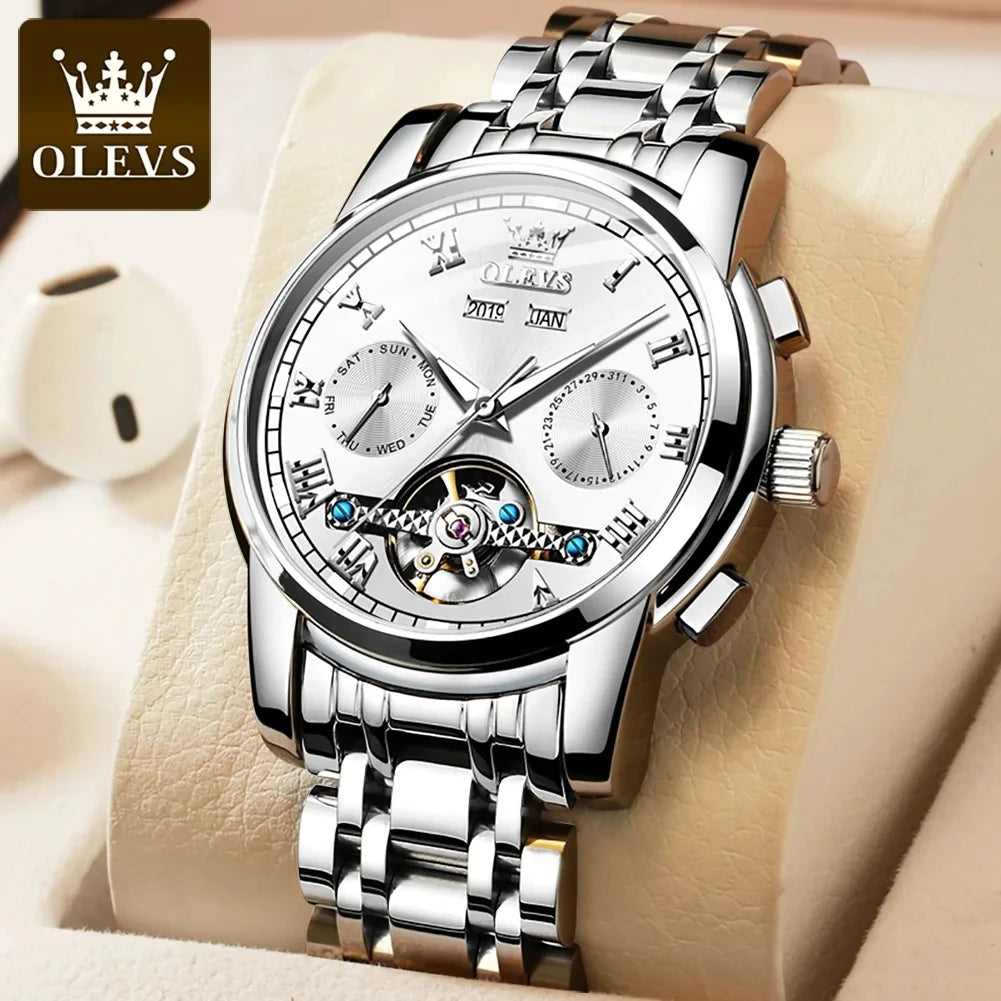 OLEVS 6607 Original Men's Watches Automatic Mechanical Business Wristwatch Skeleton Waterproof Stainless Steel Watch for Men Hot