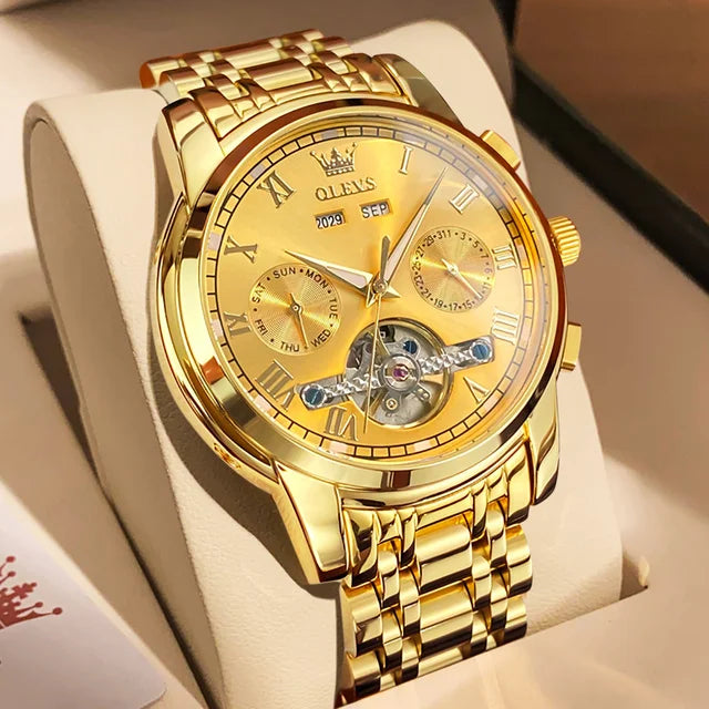 OLEVS 6607 Fashion Men's Business Wrist Watch Skeleton Tourbillon Stainless Steel Mechanical Reloj Waterproof Automatic Watch