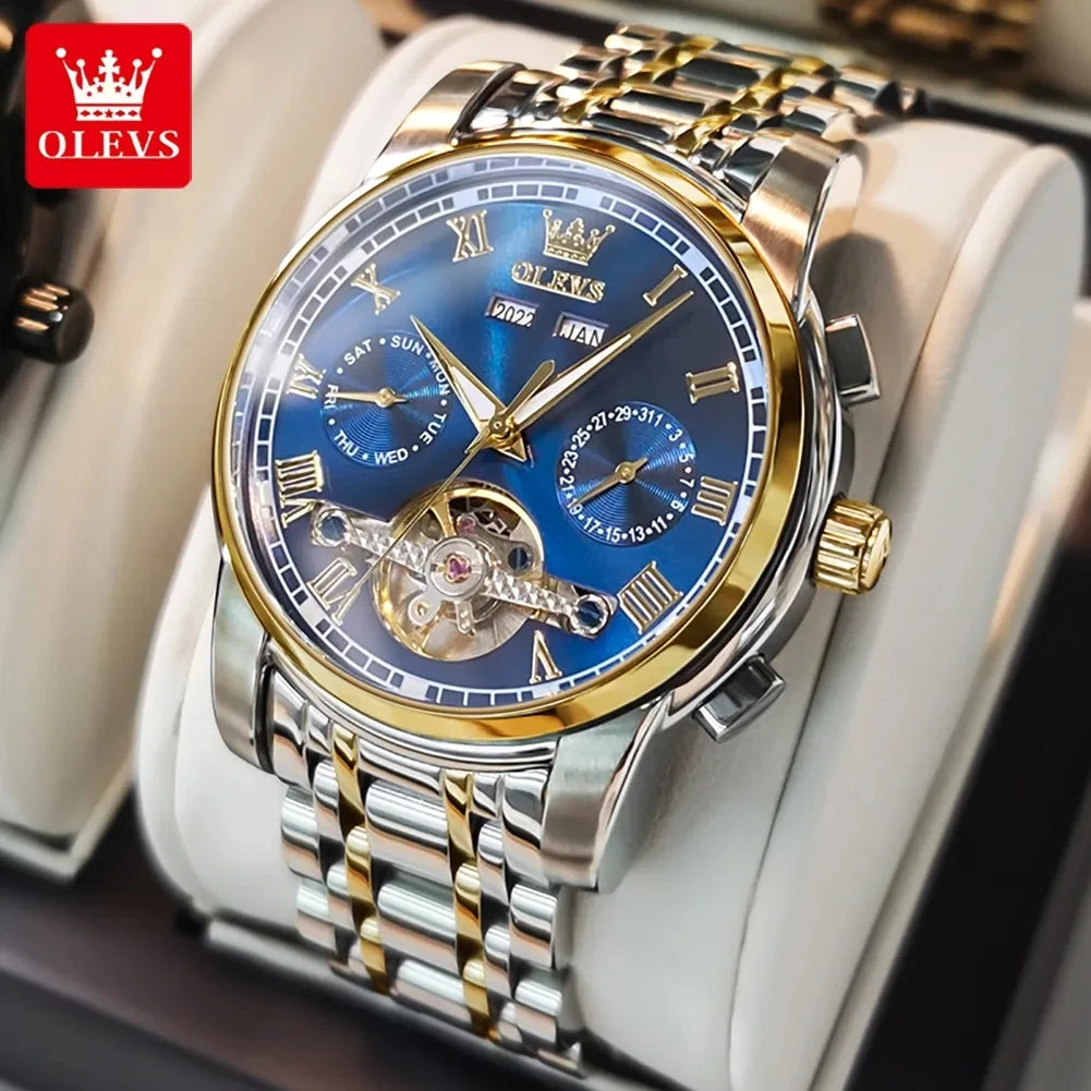 OLEVS 6607 Fashion Men's Business Wrist Watch Skeleton Tourbillon Stainless Steel Mechanical Reloj Waterproof Automatic Watch