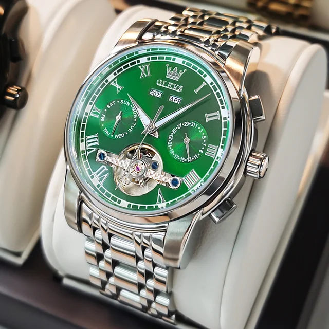 OLEVS 6607 Fashion Men's Business Wrist Watch Skeleton Tourbillon Stainless Steel Mechanical Reloj Waterproof Automatic Watch