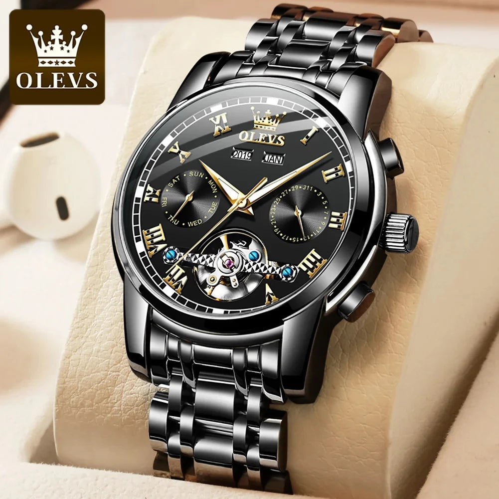 OLEVS 6607 Original Men's Watches Automatic Mechanical Business Wristwatch Skeleton Waterproof Stainless Steel Watch for Men Hot