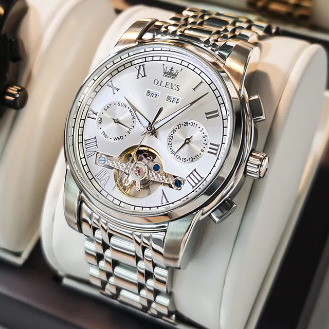 OLEVS 6607 Fashion Men's Business Wrist Watch Skeleton Tourbillon Stainless Steel Mechanical Reloj Waterproof Automatic Watch