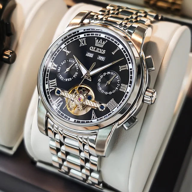 OLEVS 6607 Fashion Men's Business Wrist Watch Skeleton Tourbillon Stainless Steel Mechanical Reloj Waterproof Automatic Watch