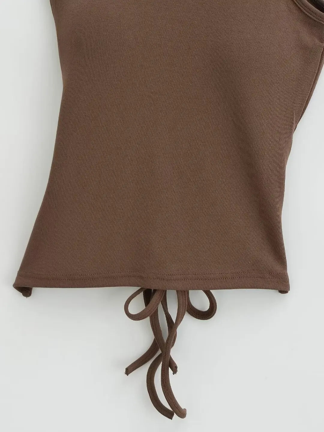 Women 2024 Summer New Fashion Digging Shoulder Waist Strap Belt Chest Pad Tank Tops Retro Casual Female Camis Chic Tops