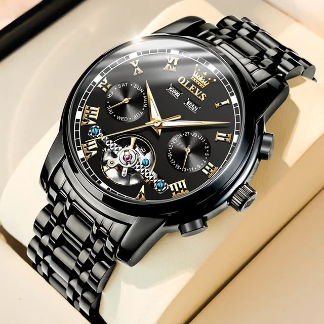 OLEVS 6607 Fashion Men's Business Wrist Watch Skeleton Tourbillon Stainless Steel Mechanical Reloj Waterproof Automatic Watch