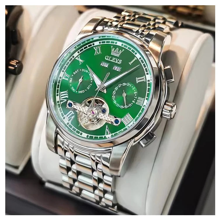 OLEVS 6607 Fashion Men's Business Wrist Watch Skeleton Tourbillon Stainless Steel Mechanical Reloj Waterproof Automatic Watch