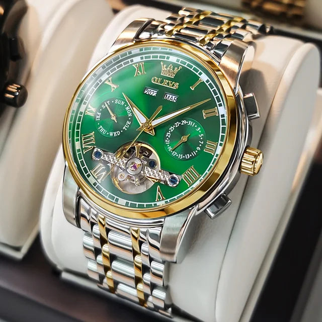 OLEVS 6607 Fashion Men's Business Wrist Watch Skeleton Tourbillon Stainless Steel Mechanical Reloj Waterproof Automatic Watch