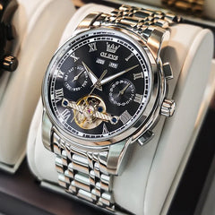 OLEVS 6607 Fashion Men's Business Wrist Watch Skeleton Tourbillon Stainless Steel Mechanical Reloj Waterproof Automatic Watch
