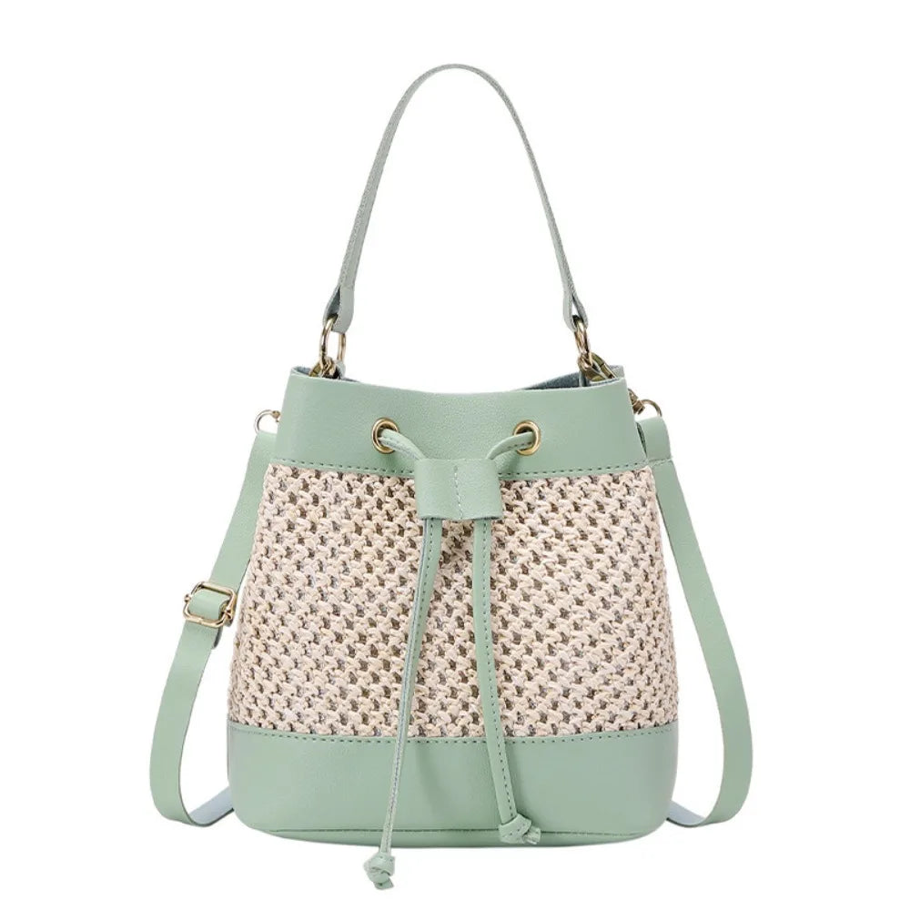Bundle Pocket Straw Crossbody Bag Commute Handbag Drawstring Bucket Bag Messenger Bag Large Capacity Beach Shoulder Bag Girls
