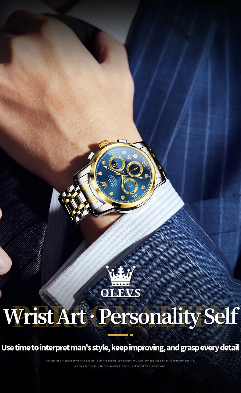 OLEVS 2889 Men's Wathes Top Brand Business Original Quartz Watch for Man Waterproof Stainless Steel Luminous Date Moon Phase New