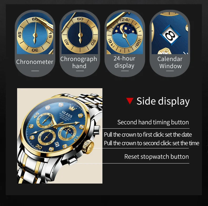 OLEVS 2889 Men's Wathes Top Brand Business Original Quartz Watch for Man Waterproof Stainless Steel Luminous Date Moon Phase New