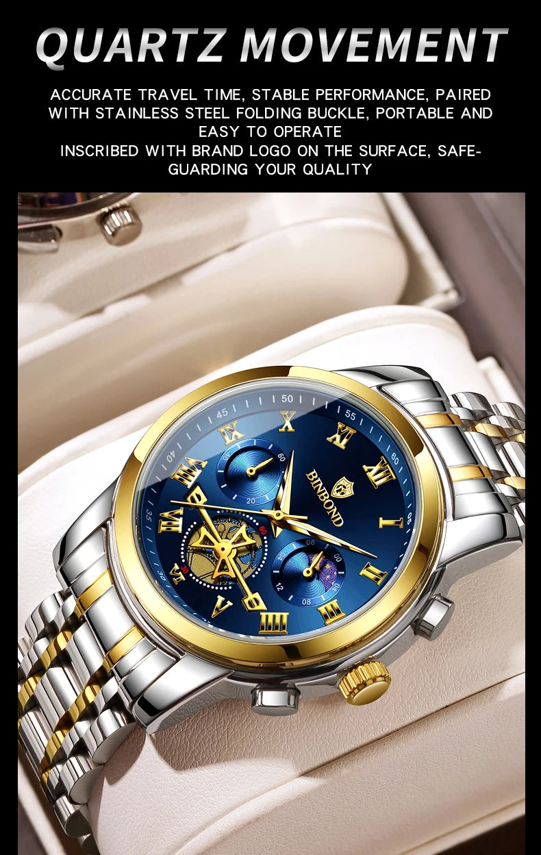 BINBOND B780 Top Brand Mens Quartz Luxury  Stainless Steel Luminescence Clock Casual Chic Waterproof Outdoor Sport Watch
