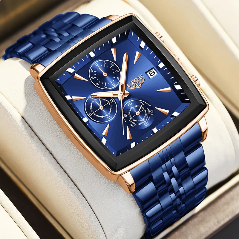 LIGE Top Brand Luxury Mens Watches Fashion Military Square Chronograph Quartz Wristwatches For Men Sports Waterproof Watch Men