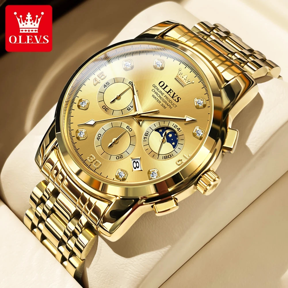 OLEVS Multifunction Quartz Watch for Men Stainless Steel Waterproof Luminous Chronograph Moon Phase Date Watch Relogio Masculino