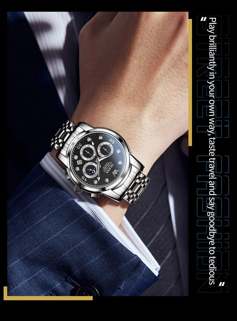 OLEVS Multifunction Quartz Watch for Men Stainless Steel Waterproof Luminous Chronograph Moon Phase Date Watch Relogio Masculino