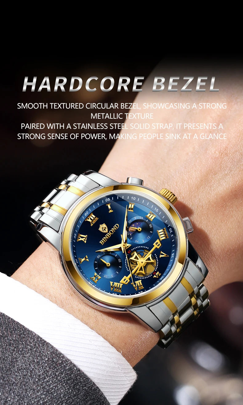 BINBOND B780 Top Brand Mens Quartz Luxury  Stainless Steel Luminescence Clock Casual Chic Waterproof Outdoor Sport Watch