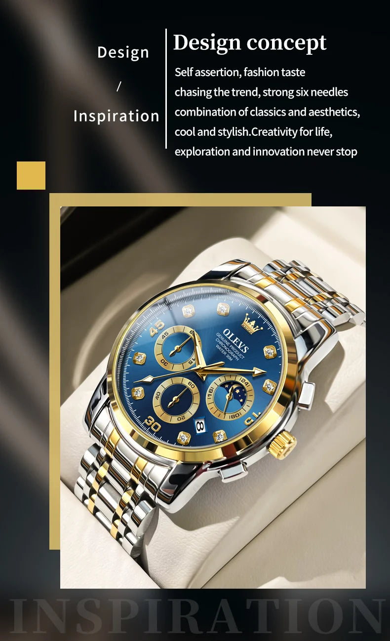 OLEVS Multifunction Quartz Watch for Men Stainless Steel Waterproof Luminous Chronograph Moon Phase Date Watch Relogio Masculino