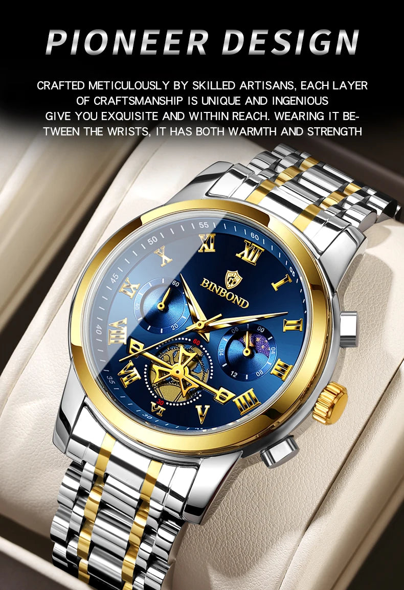 BINBOND B780 Top Brand Mens Quartz Luxury  Stainless Steel Luminescence Clock Casual Chic Waterproof Outdoor Sport Watch