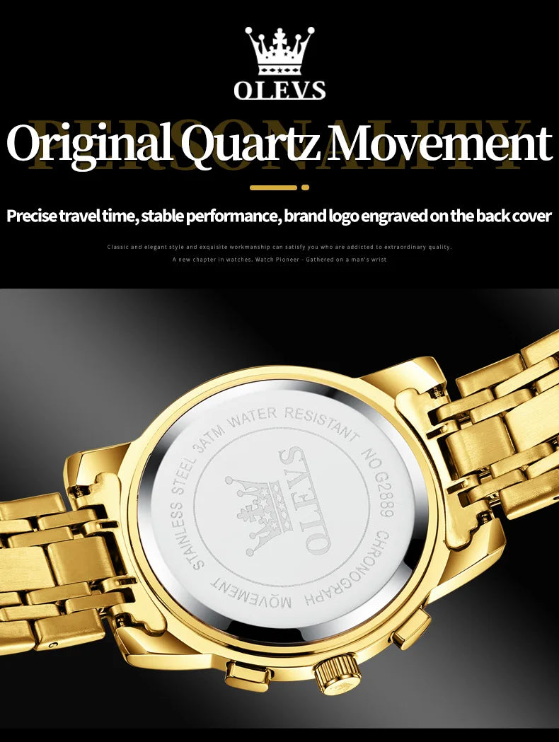 OLEVS Multifunction Quartz Watch for Men Stainless Steel Waterproof Luminous Chronograph Moon Phase Date Watch Relogio Masculino
