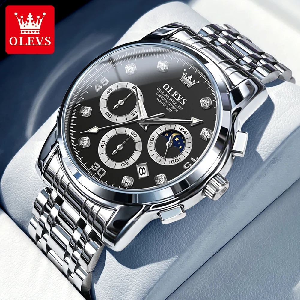 OLEVS Multifunction Quartz Watch for Men Stainless Steel Waterproof Luminous Chronograph Moon Phase Date Watch Relogio Masculino