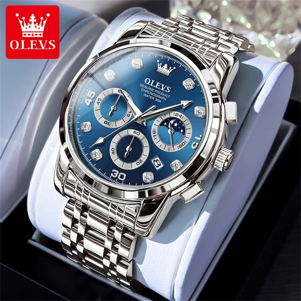 OLEVS 2889 Men's Wathes Top Brand Business Original Quartz Watch for Man Waterproof Stainless Steel Luminous Date Moon Phase New