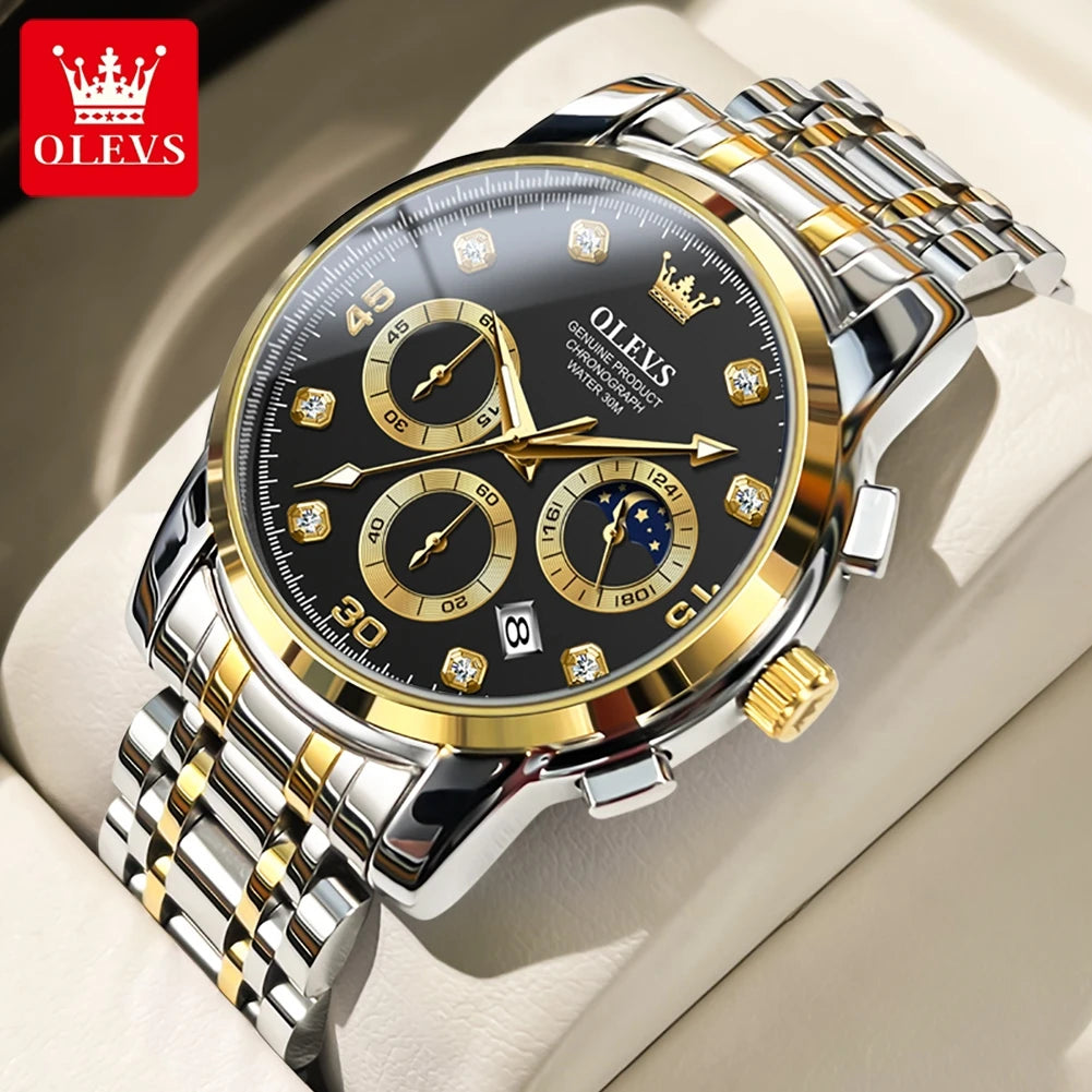OLEVS Multifunction Quartz Watch for Men Stainless Steel Waterproof Luminous Chronograph Moon Phase Date Watch Relogio Masculino