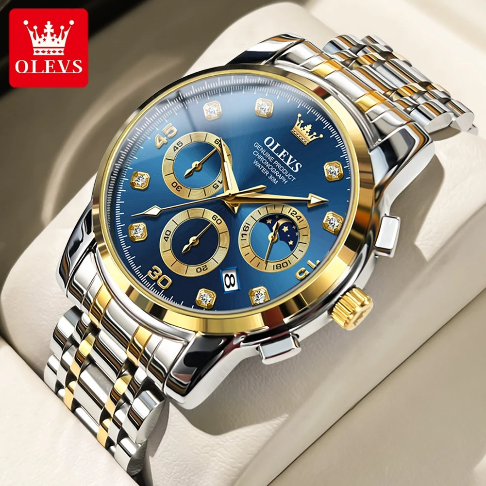 OLEVS Multifunction Quartz Watch for Men Stainless Steel Waterproof Luminous Chronograph Moon Phase Date Watch Relogio Masculino