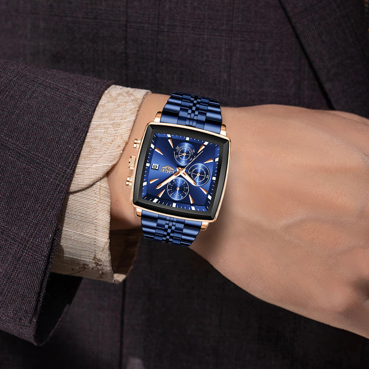 LIGE Top Brand Luxury Mens Watches Fashion Military Square Chronograph Quartz Wristwatches For Men Sports Waterproof Watch Men