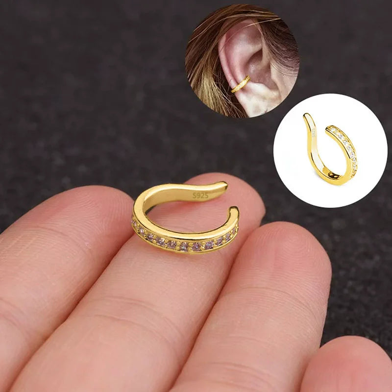 New Fashion Fine Zircon 925 Sterling Silver C Type Clip Earrings Punk Rock Unisexual Rhinestone No Hole Ear Clip Earring Jewelry