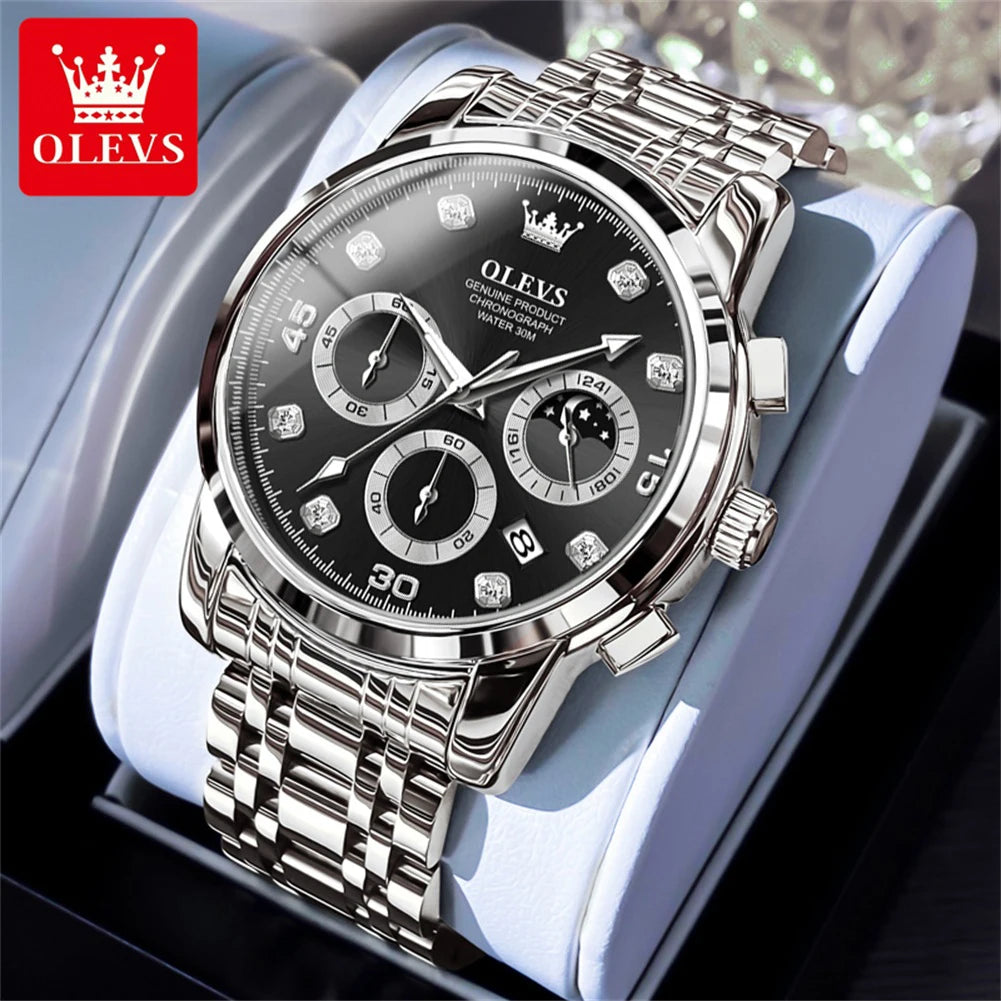 OLEVS 2889 Men's Wathes Top Brand Business Original Quartz Watch for Man Waterproof Stainless Steel Luminous Date Moon Phase New