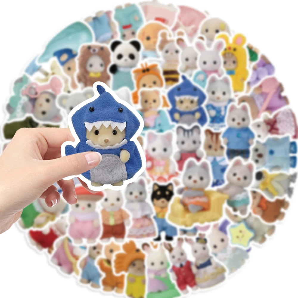 55PCS Cute Calico Critters Graffiti Stickers Children's Cartoon Doll Decals DIY Laptop Notebook Decoration Sticker Toy
