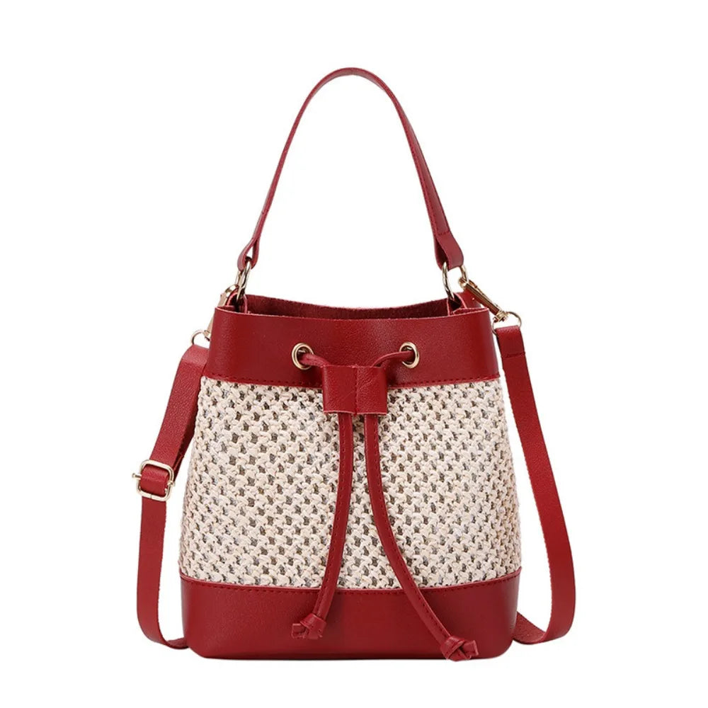 Bundle Pocket Straw Crossbody Bag Commute Handbag Drawstring Bucket Bag Messenger Bag Large Capacity Beach Shoulder Bag Girls
