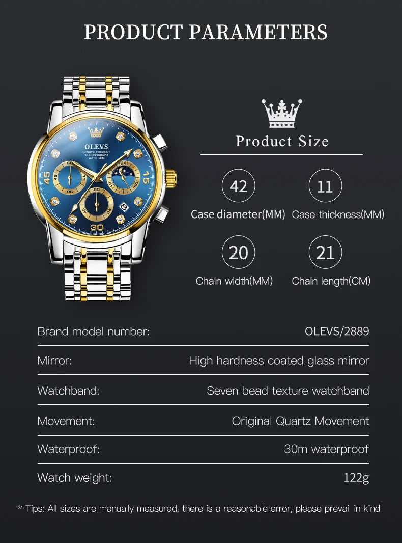 OLEVS Multifunction Quartz Watch for Men Stainless Steel Waterproof Luminous Chronograph Moon Phase Date Watch Relogio Masculino