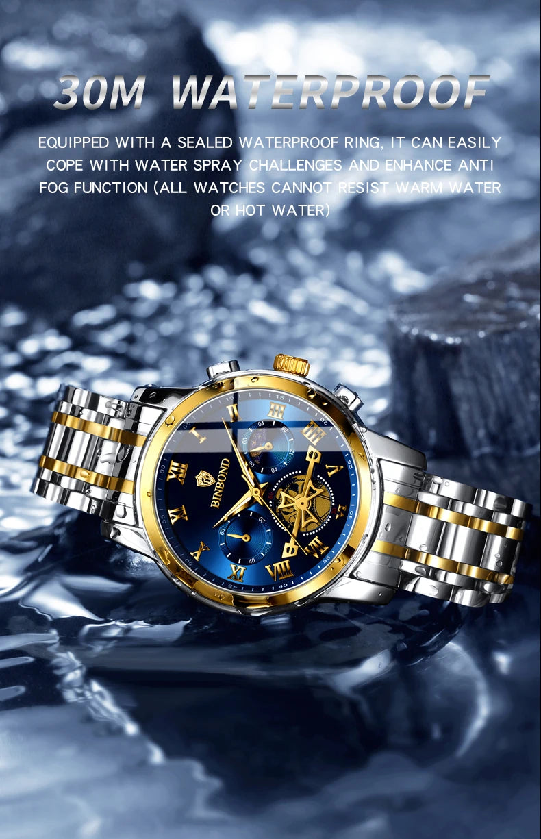 BINBOND B780 Top Brand Mens Quartz Luxury  Stainless Steel Luminescence Clock Casual Chic Waterproof Outdoor Sport Watch