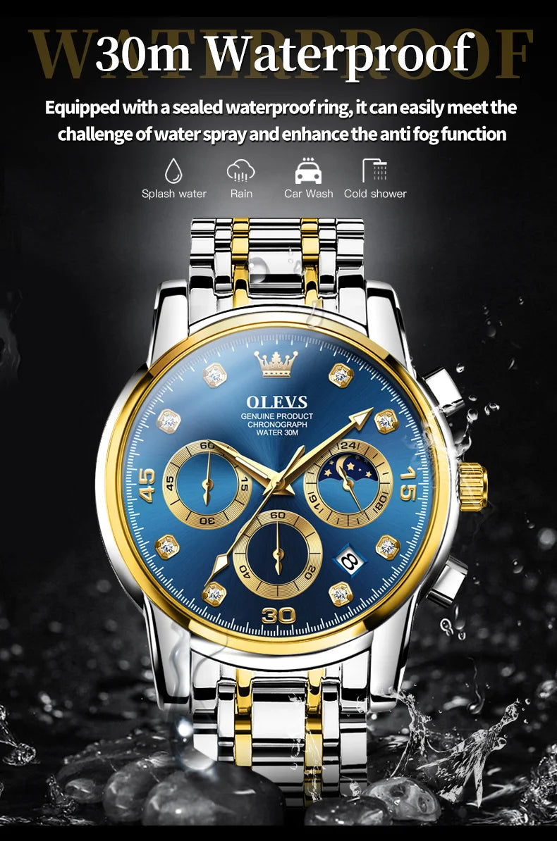 OLEVS 2889 Men's Wathes Top Brand Business Original Quartz Watch for Man Waterproof Stainless Steel Luminous Date Moon Phase New