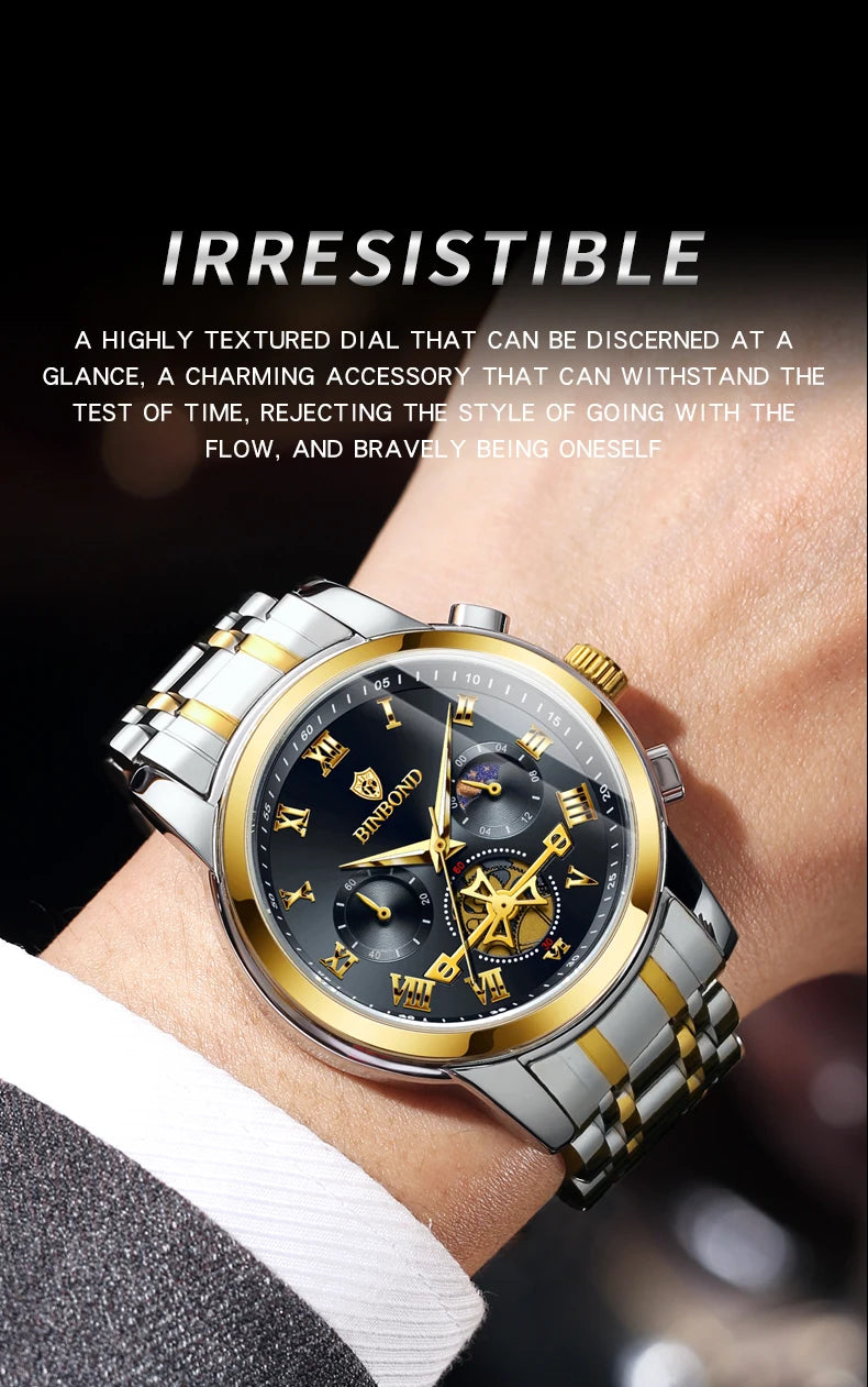 BINBOND B780 Top Brand Mens Quartz Luxury  Stainless Steel Luminescence Clock Casual Chic Waterproof Outdoor Sport Watch