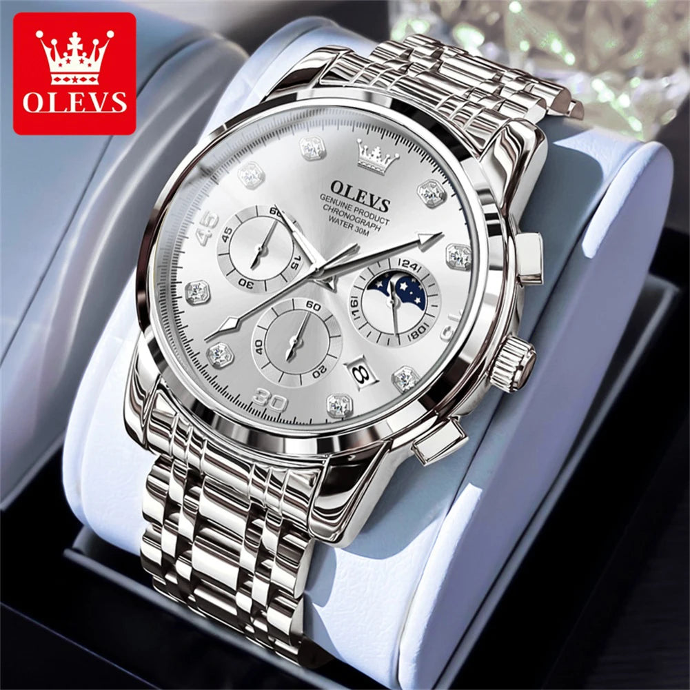 OLEVS 2889 Men's Wathes Top Brand Business Original Quartz Watch for Man Waterproof Stainless Steel Luminous Date Moon Phase New