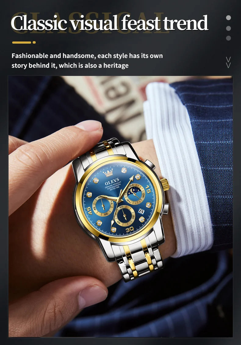 OLEVS Multifunction Quartz Watch for Men Stainless Steel Waterproof Luminous Chronograph Moon Phase Date Watch Relogio Masculino